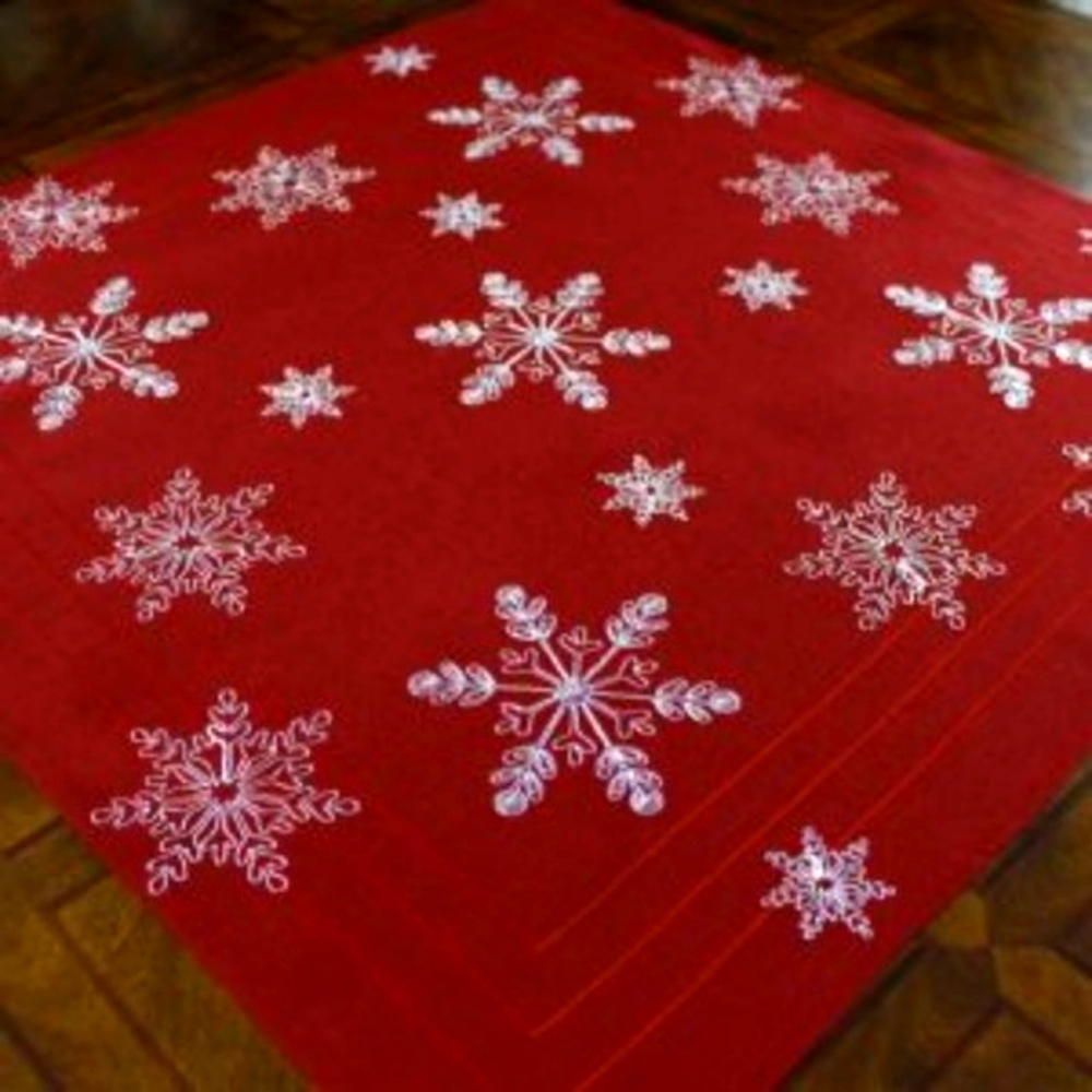 RED FROSTED SNOWFLAKE Tablecloth (36x36 in Square) NEW